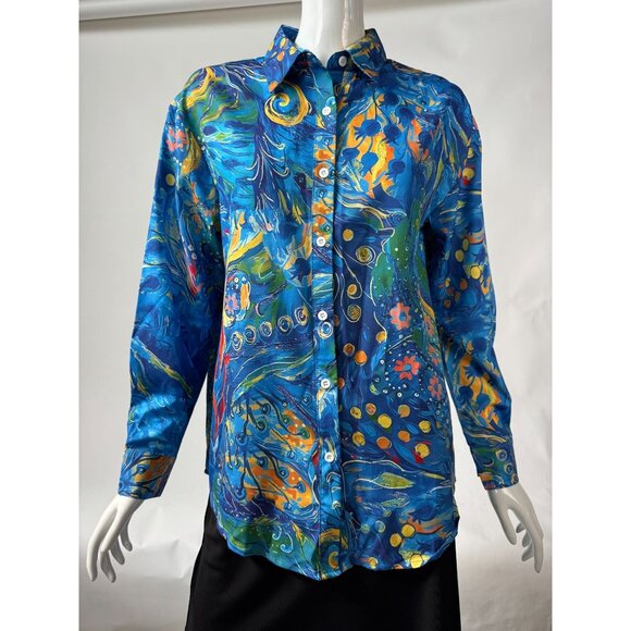 Womens S Button-Up Shirt Blue & Multicolor Abstract Print - Picture 13 of 16